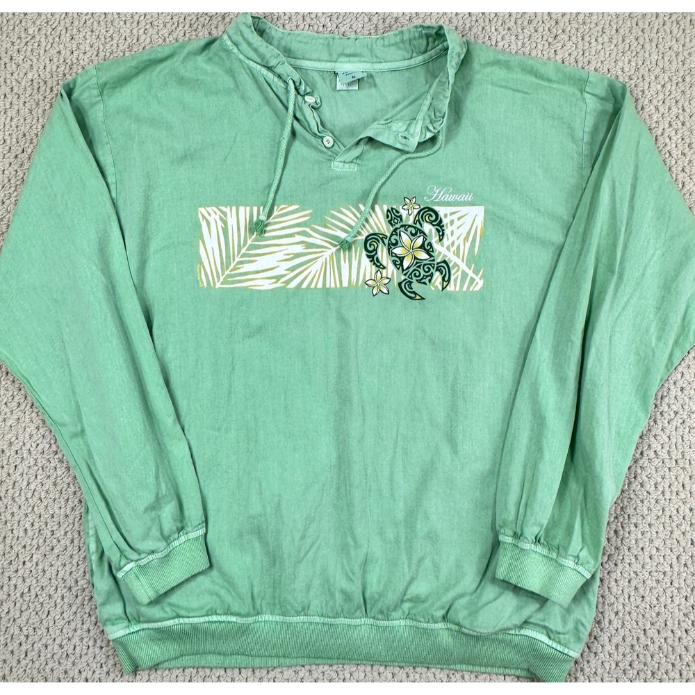 Crazy Shirts Pullover Women XL Key Lime Dyed Honu Bliss Hawaii Henley Sweatshirt